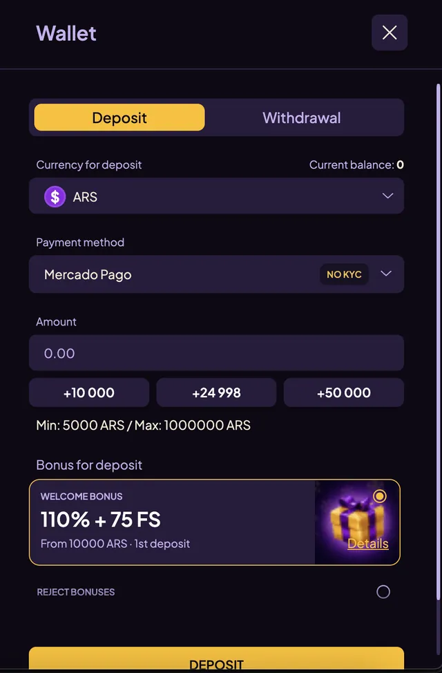 Caja de IXO Games en pesos: Mercado Pago con la etiqueta NO KYC, depósito de 5.000 a 1.000.000 ARS y bono 110% + 75 giros