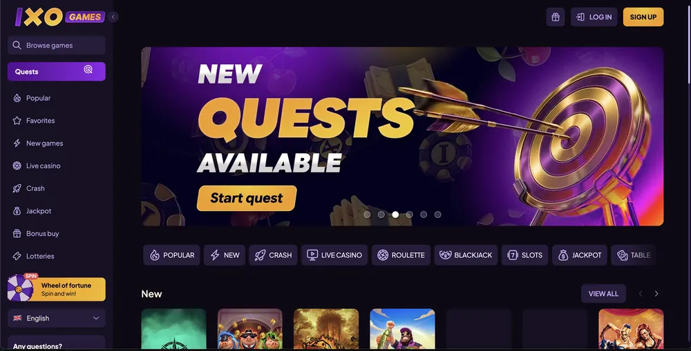Lobby de IXO Games: menú lateral con misiones, rueda de la fortuna y pestañas de categorías