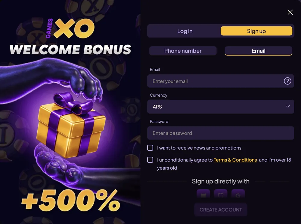 Formulario de registro de IXO Games: pestañas teléfono y correo, moneda ARS, contraseña y casilla de mayoría de edad